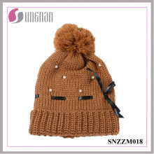 Bester Entwurf warmer schöner Damen-Perlen-Bogen-Knit-Hut-Pelz-Ball-Wollmütze